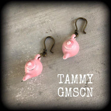 Load image into Gallery viewer, Pink tea pot tunnel dangles 3mm 4mm 5mm 2 gauge ear hangers 8 gauge plug dangles Light weight 4 gauge tunnel earrings 8mm 6mm plug earrings
