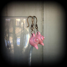 Load image into Gallery viewer, Pink tea pot tunnel dangles 3mm 4mm 5mm 2 gauge ear hangers 8 gauge plug dangles Light weight 4 gauge tunnel earrings 8mm 6mm plug earrings