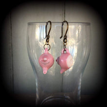 Load image into Gallery viewer, Pink tea pot tunnel dangles 3mm 4mm 5mm 2 gauge ear hangers 8 gauge plug dangles Light weight 4 gauge tunnel earrings 8mm 6mm plug earrings