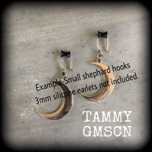 Load image into Gallery viewer, Crescent Moon plug dangles 6mm ear hangers Silver moon plug earrings Tunnel dangles Gauged earrings Hanging gauges Moon ear weights 2 gauge