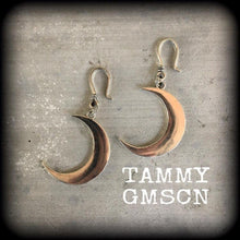 Load image into Gallery viewer, Crescent moon earrings Goddess earrings Moon phase Celestial earrings Pierced ears Stretched ears Gauged earrings Kidney hooks Lever backs