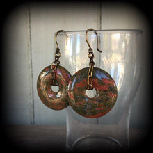 Load image into Gallery viewer, Unakite ear weights Jasper ear hangers Quartz Tunnel earrings Stone Plug earrings Tunnel dangles Hanging gauges Gauged earrings 00g 0g 2g 4g