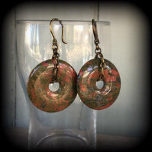 Load image into Gallery viewer, Unakite ear weights Jasper ear hangers Quartz Tunnel earrings Stone Plug earrings Tunnel dangles Hanging gauges Gauged earrings 00g 0g 2g 4g