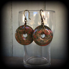 Load image into Gallery viewer, Unakite ear weights Jasper ear hangers Quartz Tunnel earrings Stone Plug earrings Tunnel dangles Hanging gauges Gauged earrings 00g 0g 2g 4g