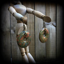 Load image into Gallery viewer, Unakite ear weights Jasper ear hangers Quartz Tunnel earrings Stone Plug earrings Tunnel dangles Hanging gauges Gauged earrings 00g 0g 2g 4g