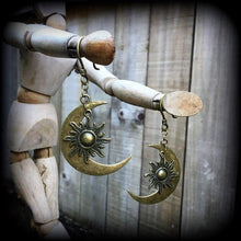 Load image into Gallery viewer, 00g 0g 8 gauge 6 gauge 4g bronze ear hangers 4mm Tunnel dangles Esoteric moon 2 gauge earrings 5mm plug dangles Hanging gauges Plug earrings