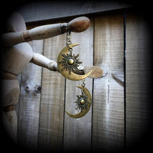 Load image into Gallery viewer, Moon earrings Esoteric moon earrings Sun and moon earrings Crescent moon earrings Occult earrings Tunnel earrings 3mm Plugs Gauged earrings
