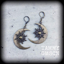 Load image into Gallery viewer, Moon earrings Esoteric moon earrings Sun and moon earrings Crescent moon earrings Occult earrings Tunnel earrings 3mm Plugs Gauged earrings