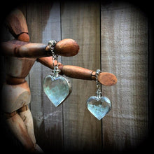 Load image into Gallery viewer, 6mm tunnel dangles 4 gauge tunnel earrings Magnetic clasp plug earrings Heart earrings Aquamarine earrings Crystal earrings Blue ear weights