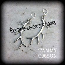 Load image into Gallery viewer, Antler earrings, Goddess earrings, Artemis jewelry, Pagan jewelry, Pan earrings, Saggitarius earrings, Nature Jewelry, Tunnel earrings