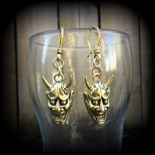 Load image into Gallery viewer, Hannya Mask earrings, 4mm ear hangers, Japanese earrings, Tunnel earring, Oni Mask, Plug earrings, Earrings for stretched ears, Pierced ears