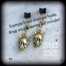 Load image into Gallery viewer, Hannya Mask earrings, 4mm ear hangers, Japanese earrings, Tunnel earring, Oni Mask, Plug earrings, Earrings for stretched ears, Pierced ears