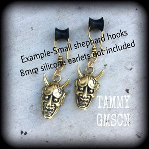 Hannya Mask earrings, 4mm ear hangers, Japanese earrings, Tunnel earring, Oni Mask, Plug earrings, Earrings for stretched ears, Pierced ears