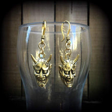 Load image into Gallery viewer, Hannya Mask earrings, 4mm ear hangers, Japanese earrings, Tunnel earring, Oni Mask, Plug earrings, Earrings for stretched ears, Pierced ears