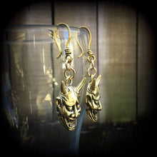 Load image into Gallery viewer, Hannya Mask earrings, 4mm ear hangers, Japanese earrings, Tunnel earring, Oni Mask, Plug earrings, Earrings for stretched ears, Pierced ears