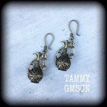 Load image into Gallery viewer, Bronze earrings Genie earrings Aladdin earrings Water earrings Aquarius earrings Ornate Bronze earrings Statement earrings Tunnel dangles 8g