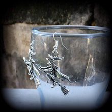Load image into Gallery viewer, Witches earring Besom earrings Halloween earrings 3mm tunnel earrings Pagan earrings Beltane jewelry Plug gauges 2g plug earrings Witchcraft