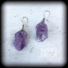 Load image into Gallery viewer, Amethyst earrings Gemstone Earrings Crystal earrings Quartz earrings Purple earrings Boho earrings Pierced ears Dangle earrings Gauges Plugs