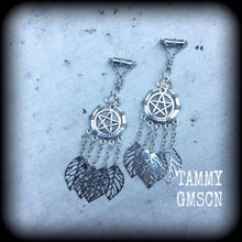 Load image into Gallery viewer, Witchy earrings Leaf earrings Goddess earrings Artemis Tunnel earrings Gothic Emo Occult Plug earrings Boho earrings Pierced ears Gauges 14g