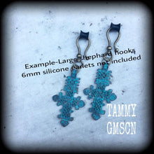 Load image into Gallery viewer, Cross Ear weights Bronze Ear hangers Lovecraft Evil Eye Esoteric Gauged earrings Verdigris Patina Tunnel dangles Plug dangles Hanging gauges