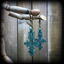 Load image into Gallery viewer, Cross Ear weights Bronze Ear hangers Lovecraft Evil Eye Esoteric Gauged earrings Verdigris Patina Tunnel dangles Plug dangles Hanging gauges