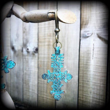 Load image into Gallery viewer, Cross Ear weights Bronze Ear hangers Lovecraft Evil Eye Esoteric Gauged earrings Verdigris Patina Tunnel dangles Plug dangles Hanging gauges