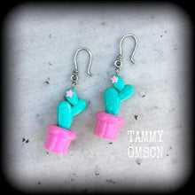 Load image into Gallery viewer, Cactus earrings Succulent earrings Plant jewelry Vegan earrings Plug earrings Pierced ears Stretched ears Gauged earrings Tunnel dangles 2g