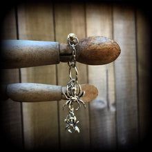 Load image into Gallery viewer, Spider tunnel dangles 6mm 2 gauge Halloween plug dangles Spooky ear hangers Ear weights Arachnid Plug hangers Gauged earrings Hanging gauges