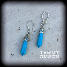 Load image into Gallery viewer, 3mm turquoise ear hangers 8 gauge ear weights Tunnel dangles Tunnel earrings Gemstone Plug earrings 6 mm gauged earrings Hanging gauges 0g