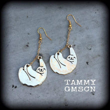 Load image into Gallery viewer, Sloth earrings, Animal earrings, Sloth jewelry, Hipster earrings, Pet earrings, Plug earrings, Pet jewelry, Tunnel earrings, 10g, 12g, 14g