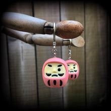 Load image into Gallery viewer, Daruma earrings Japanese Tattoo earrings Kawaii earrings Kabuki earrings Pink daruma Love Tunnel earrings Plug earrings Pierced ears 14g