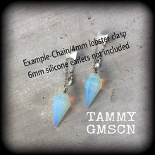 Load image into Gallery viewer, Opalite earrings Dangle earrings Moonstone earrings Gauged earrings Gemstone earrings Boho earrings Pagan Pan Goddess Wicca Pierced ears