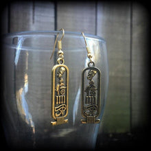 Load image into Gallery viewer, Cartouche earrings Nefertit earrings Egyptian earrings Evil eye earrings Eye of Ra Nefertiti jewelry Esoteric earrings Plug dangles Tunnels
