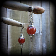 Load image into Gallery viewer, 8 gauge ear weights, 3mm stretchers, Red Jasper ear hangers, Gemstone weights, Tunnel dangles, Gauged earrings, Hanging gauges 2g 4g 6g 8g