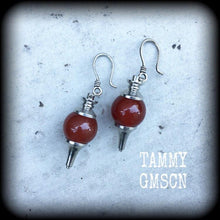 Load image into Gallery viewer, 8 gauge ear weights, 3mm stretchers, Red Jasper ear hangers, Gemstone weights, Tunnel dangles, Gauged earrings, Hanging gauges 2g 4g 6g 8g