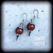 Load image into Gallery viewer, Jasper earrings, Red Jasper, Gemstone earrings, Pendulum earrings, Crystal earrings, Plug earrings, Organic earrings, Pierced ears, Gauges