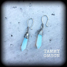 Load image into Gallery viewer, Moonstone earrings Opalite earrings Gemstone earrings Chakra jewelry Crystal jewelry Stone earrings Plug dangles Tunnel earrings Gauges 8g