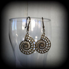 Load image into Gallery viewer, 3mm nautilus earrings 8 gauge 4 gauge 2 gauge 0 gauge Fibonacci tunnel dangles 6mm plug dangles Gauged earrings Hanging gauges Steampunk