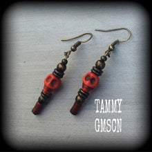 Load image into Gallery viewer, Skull earrings, Voodoo earrings, Papa Legba, Santeria, Skull jewelry, Tunnel earrings, Plug earrings, Hanging gauges, Plug gauges 8g 6g 4g
