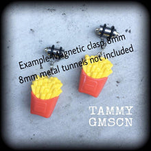 Load image into Gallery viewer, French fries Fast Food earrings French Fries earrings Junk food jewelry Plug dangles Tunnel dangles Chips Lever back hooks Kidney hooks