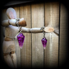 Load image into Gallery viewer, Crystal earrings, Pendulum earrings, Wicca jewelry, Gemstone Plug earrings, Tunnel earrings, Purple Quartz earrings, For pierced ears Gauges