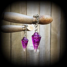 Load image into Gallery viewer, Crystal earrings, Pendulum earrings, Wicca jewelry, Gemstone Plug earrings, Tunnel earrings, Purple Quartz earrings, For pierced ears Gauges