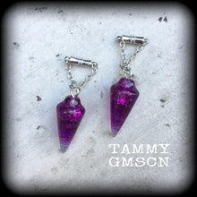 Load image into Gallery viewer, Crystal earrings, Pendulum earrings, Wicca jewelry, Gemstone Plug earrings, Tunnel earrings, Purple Quartz earrings, For pierced ears Gauges