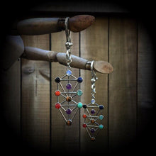 Load image into Gallery viewer, Chakra Ear hangers Ear weights Tunnel dangles Tree of Life Gemstone Quaballah Pagan Witchy Plug earrings Esoteric Occult 00g 0g 2g 4g 6g 8g