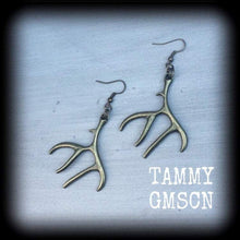Load image into Gallery viewer, Antler earrings Horn earrings Sagittarius jewelry Nature jewelry Deer earrings Goddess earrings Tunnel earrings Pagan jewlery Plug dangles