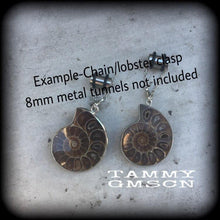 Load image into Gallery viewer, 00 gauge 0 gauge 2 gauge ear weights Ammonite 6mm ear hangers Fossil ear weights Plug earrings Gauged earrings Plug dangles Hanging gauges