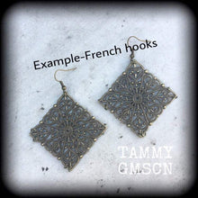 Load image into Gallery viewer, Mandala ear weights 2 gauge ear hangers Henna Sacred Geometry Geometric Gauged earrings Tunnel dangles Plug earrings Hanging gauges 6mm 8mm