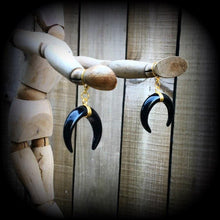 Load image into Gallery viewer, Onyx earrings Black onyx Crescent moon earrings Moon earrings Dangle earrings Gemstone earrings Pierced ears Organic Wicca Pagan 14g 16g 18g