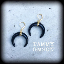 Load image into Gallery viewer, Onyx earrings Black onyx Crescent moon earrings Moon earrings Dangle earrings Gemstone earrings Pierced ears Organic Wicca Pagan 14g 16g 18g