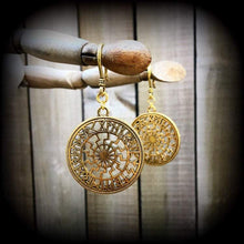 Load image into Gallery viewer, Sunwheel earrings Rune earrings Viking Black sun Occult Viking Norse Esoteric Asatru Gauges Pierced ears Tunnel earrings Plug earrings 14g